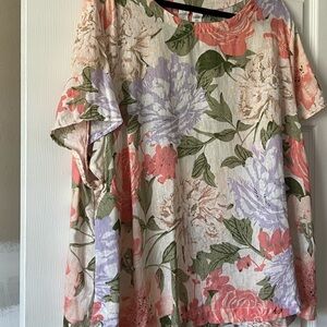 Joie Linen Floral Blouse Top 3X Short Sleeve Button Detail Lightweight